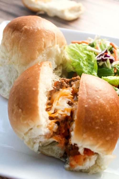 Sloppy Joe Stuffed Buns. They're packed full of veggies and meat, then stuffed into a bun with plenty of cheese. Best sloppy joes EVER!