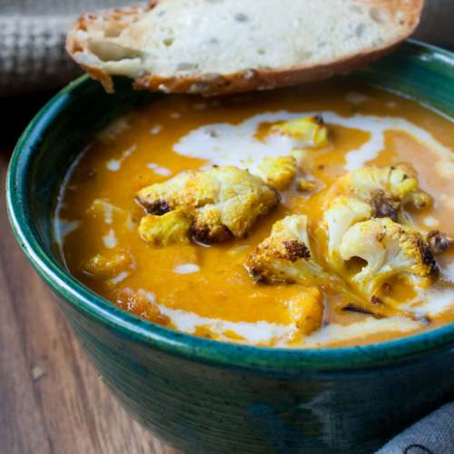 A gorgeous soup made with roasted cauliflower, curry, red lentils and coconut milk