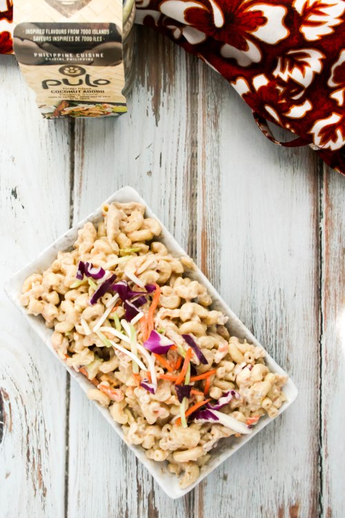 Coconut Adobo Macaroni Salad. A Filipino style macaroni salad with pineapple, shredded chicken, and Coconut Adobo sauce. #PuloCuisine