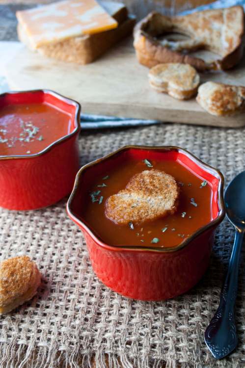 Tomato Soup with Heart-Shaped Grilled Cheese Croutons