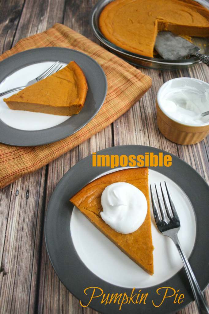 Impossible Pumpkin Pie. Just throw all the ingredients in a blender, pour it into a pie plate and bake! Impossibly easy!