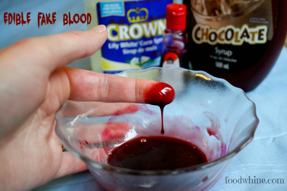 Make edible fake blood using 1 tbsp light corn syrup, 1/2 tbsp chocolate syrup, 4 drops red food coloring. Great for decorating Halloween treats or face painting.