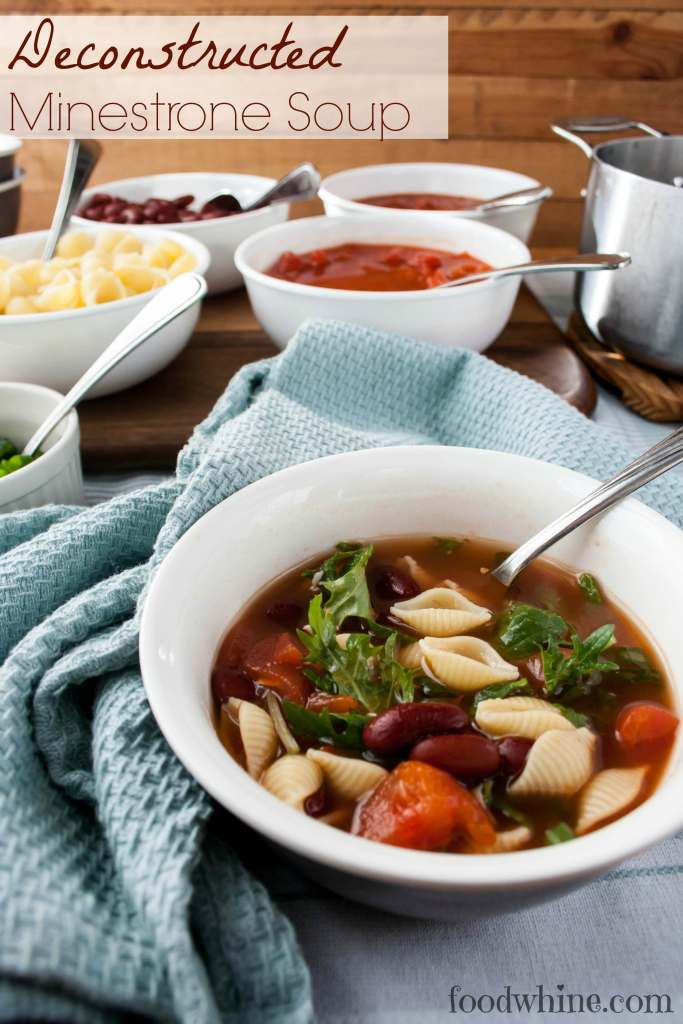 Deconstructed Minestrone Soup.This is a great way to feed a group with different tastes and diets. Everyone creates their own soup or pasta. And it only takes 10 minutes to get it on the table!