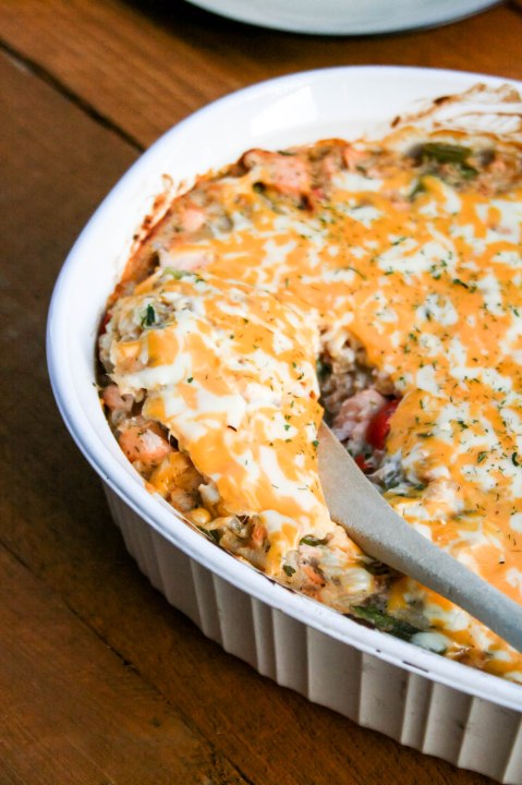 Making over salmon leftovers into Creamy Salmon, Asparagus & Rice Casserole #MOLOmonday