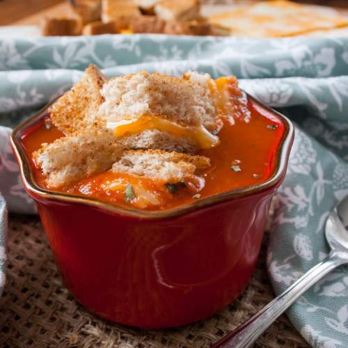 Tomato Soup with Grilled Cheese Croutons