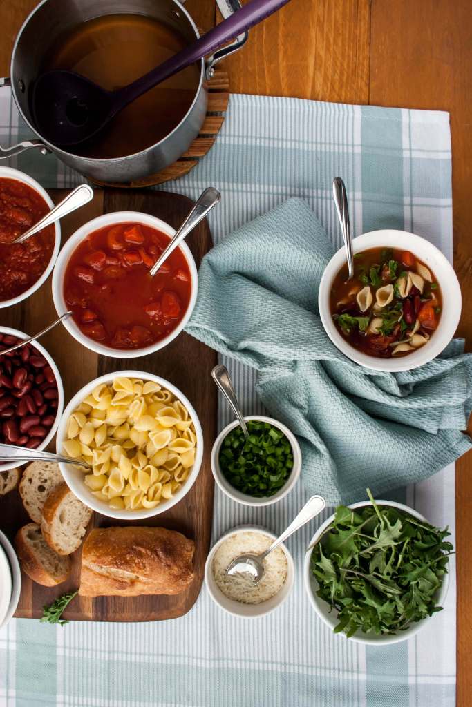 Deconstructed Minestrone Soup.This is a great way to feed a group with different tastes and diets. Everyone creates their own soup or pasta. And it only takes 10 minutes to get it on the table!