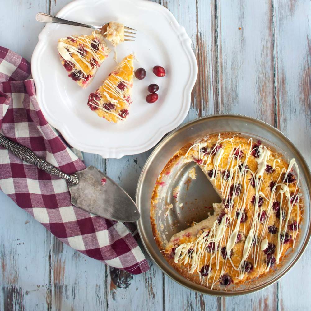 Cranberry Coconut Blender Pie drizzled with white chocolate. A super easy and impressive holiday dessert.