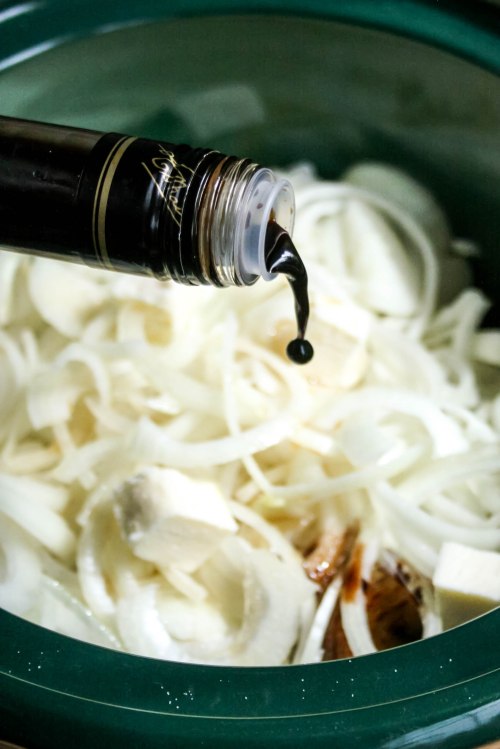 Caramelized onions in the crockpot - add a splash of balsamic vinegar