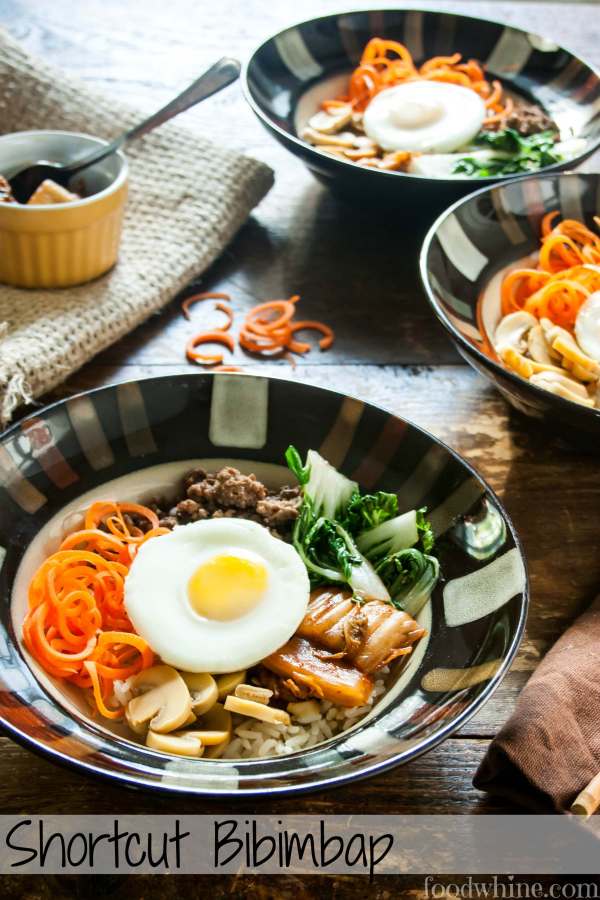 This shortcut version of Korean Bibimbap (a bowl of rice topped with veggies and meat) is quick and easy enough for a weeknight meal. 
